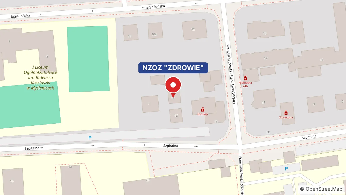 Mapa okolicy z zaznaczonym gabinetem przy ul. Szpitalnej 1b w Myślenicach